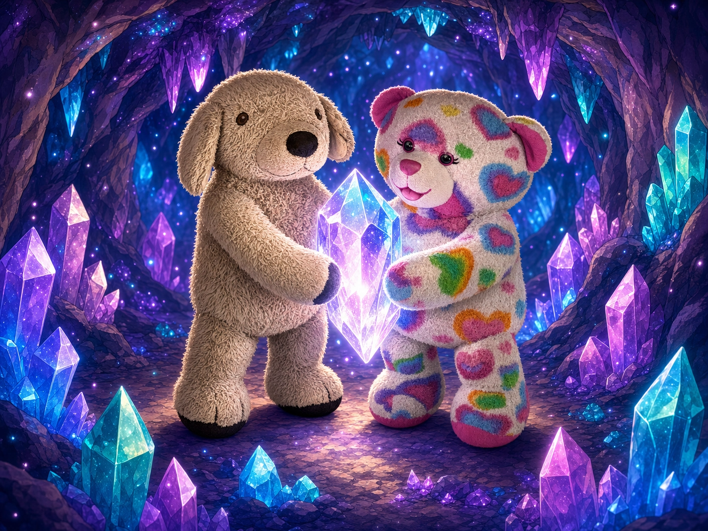 Teddy and Muddy Paws find the glowing Glimmer Crystal inside the sparkling Echoing Cave.