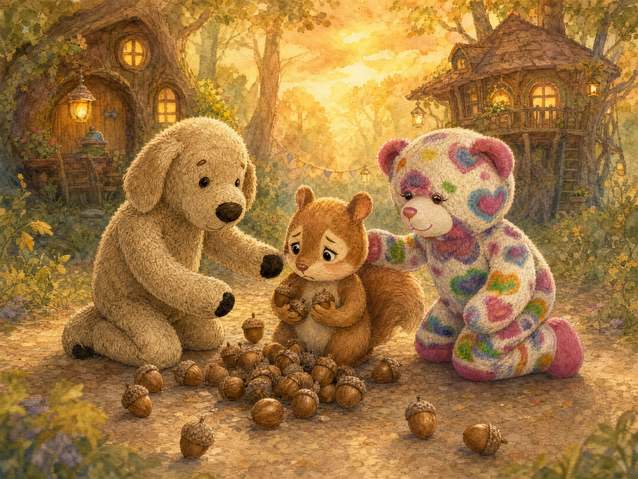 Teddy and Muddy Paws return to a tired Pip among scattered acorns, sitting beside him and offering to help him try again.