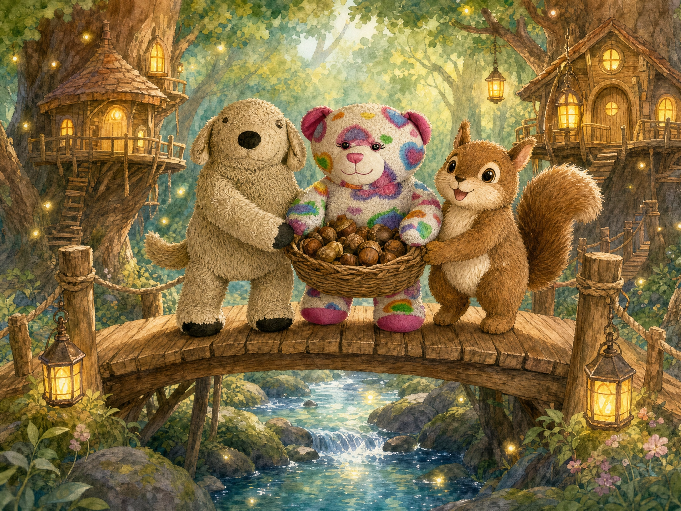 Teddy, Muddy Paws, and Pip carry the basket of acorns together across the rebuilt bridge as the forest lanterns glow.