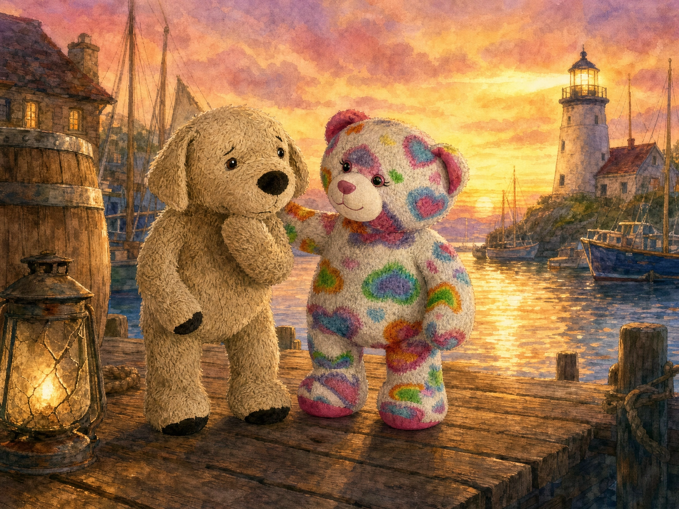 On the quiet dock at sunset, Teddy lowers his head and admits he broke the lantern while Captain Gull kneels kindly beside him.